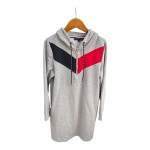 Tommy Hilfiger Hooded Sweatshirt Dress Gray‎ Red Navy  Chevron Size Medium